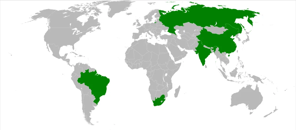 Imagem com do mapa mundi com os países do BRICS destacados