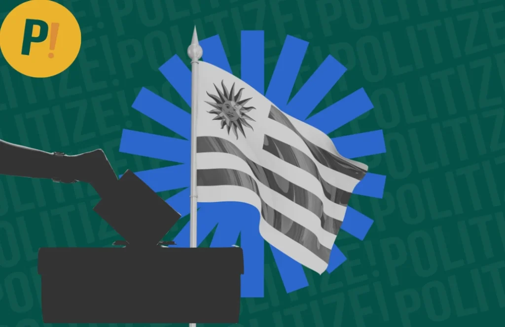 Colagem de uma mão colocando um voto em urna com a bandeira do Uruguai ao fundo, simbolizando o sistema eleitoral uruguaio.