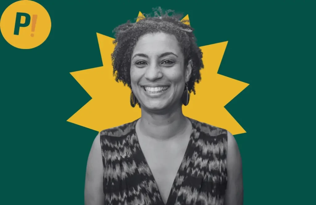 Fotografia de Marielle Franco sobre um fundo verde e amarelo com logotipo da Politize!