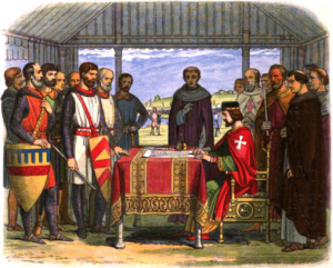 Homens de pé em uma cabana ao redor de um rei assinando um documento importante | Liberdade de locomoção – Artigo Quinto