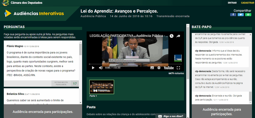 Página de uma Audiência Interativa sobre a Lei do Aprendiz. e-democracia. Politize!