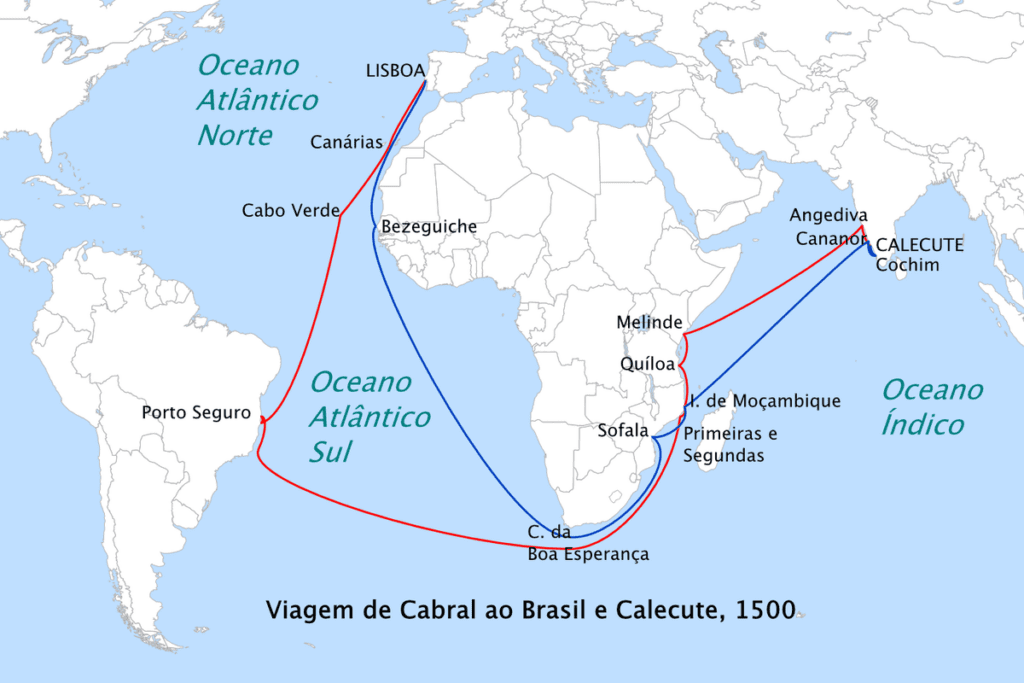 Rota da viagem de Pedro Álvares Cabral de Portugal para a Índia em 1500 (em vermelho) e o retorno (em azul). Imagem: Wikipedia/Reprodução.