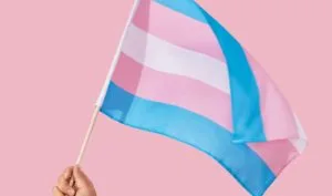 uma mão segurando a bandeira da visibilidade trans