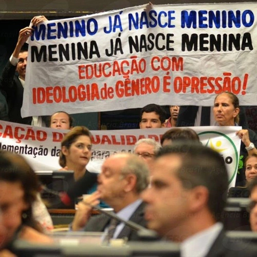 Pessoas manifestaando em plenário contra a ideologia de gênero, segurando faixa escrito "manino já nsce menino, menina já nasce menina, educação com ideologia de gênero é opressão!"