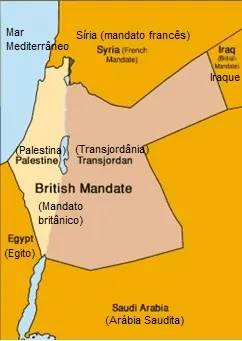 A ilustração mostra os limites da Palestina após o fim da 1° Guerra e sob tutela do Reino Unido