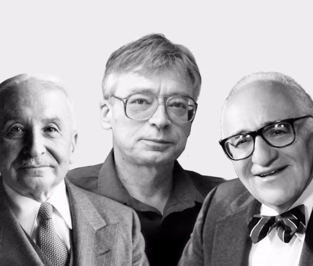 A imagem é uma colagem que apresenta nomes relacionados ao anarcocapitalismo. Ludwig von Mises, Hans-Hermann Hoppe e Murray Rothbard