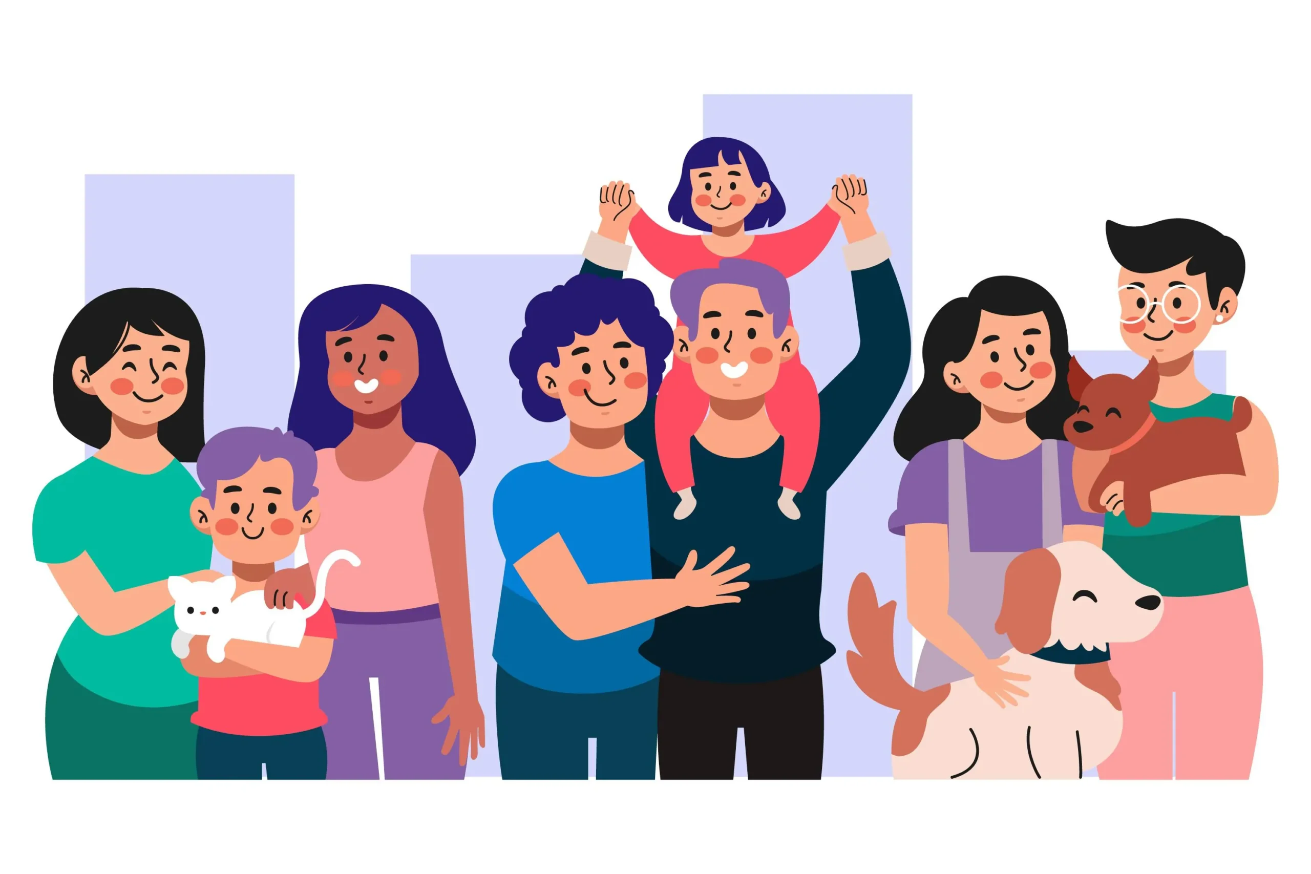 Ilustração de várias pessoas, incluindo crianças e adultos, compondo diferentes configurações familiares. Imagem: Freepik. 