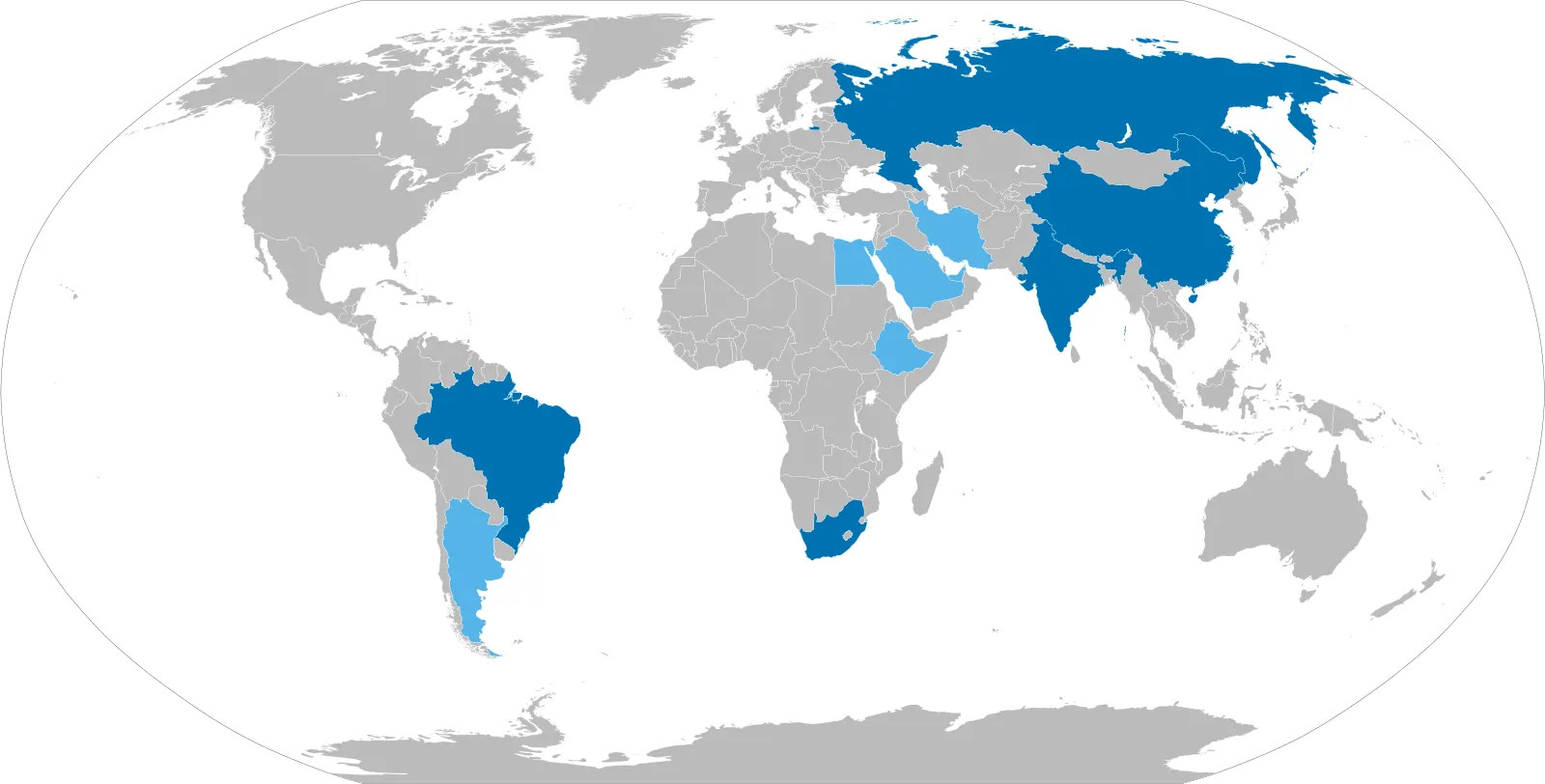 Mapa mundi destacando os países membros do BRICS.