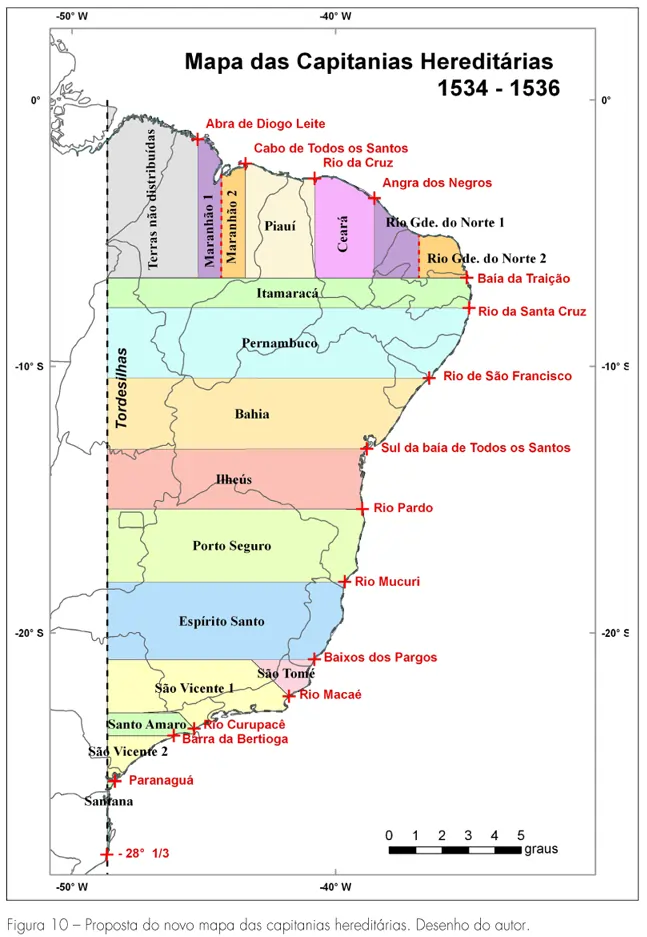 Mapa das capitanias hereditárias do professor Jorge Pimentel Cintra.