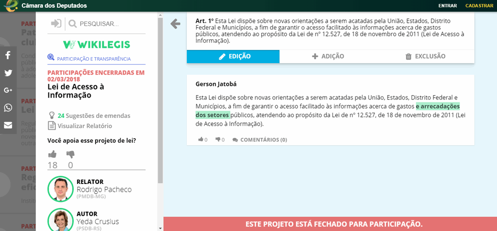 Página de um projeto de lei em discussão no Wikilegis. e-democracia. Politize!