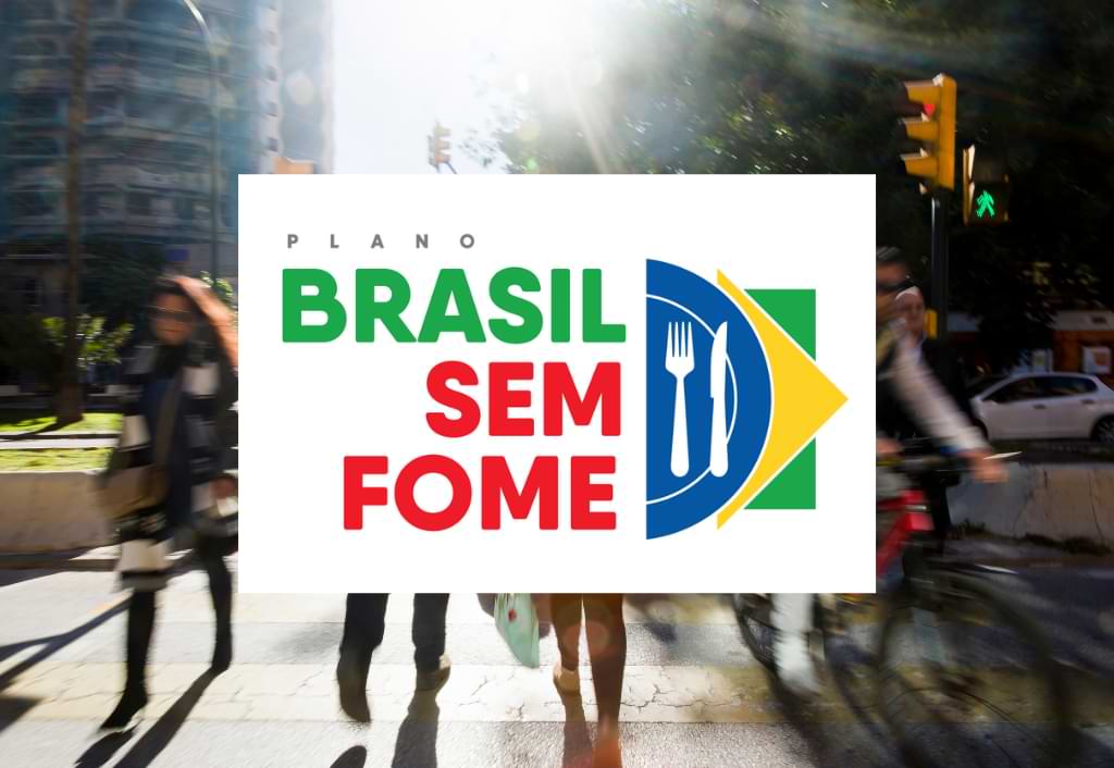 Imagem escrito brasil sem fome, ao lado metade da bandeira do brásil com o centro em formato de um prato com garfo e faca.