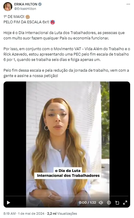 Captura de tela da rede social X, antigo Twitter, exibindo uma publicação da deputada federal Erika Hilton.