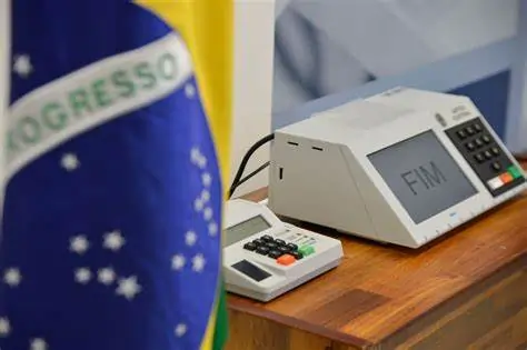 a imagem é composta por uma urna eletrônica, em que está escrito fim. Além disso, em um primeiro plano e de forma desfocada, há a bandeira  do Brasil. Ela não aparece por completo, sendo possível ver apenas a parte azul e a palavra "progresso". 