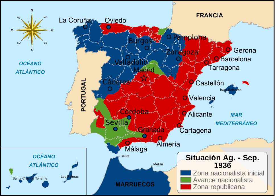 Mapa das forças em conflito na Guerra Civil Espanhola. Imagem: Paco / Wikimedia Commons