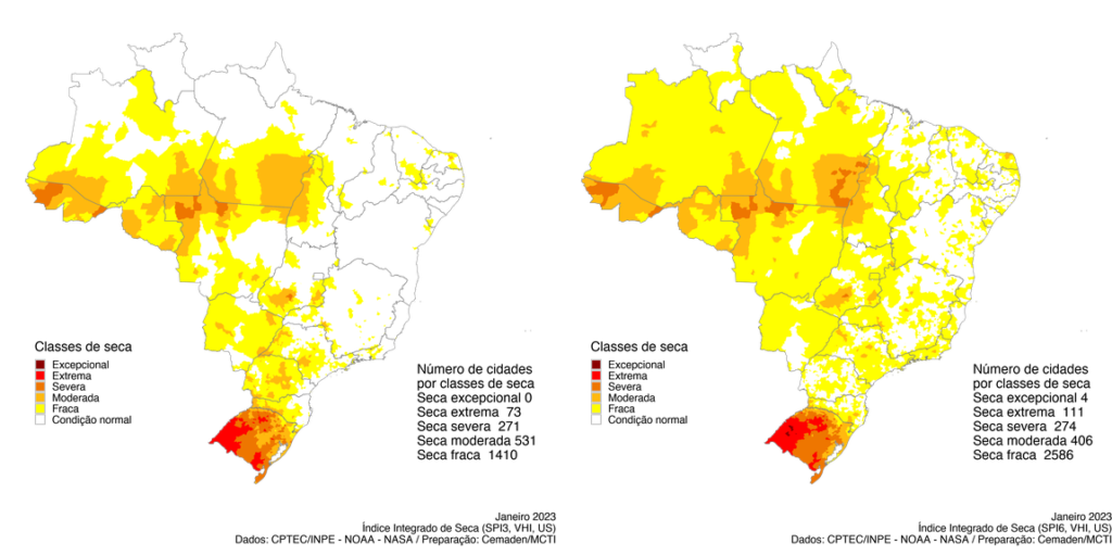 a imagem apresenta um gráfico que ilustra 2 mapas do brasil e aponta status de seca há 3 meses e há 6 meses.
À esquerda, tem-se uma projeção dos 3 meses passados, com uma concentração no norte, centro-oeste, sul e sudeste  do país. À direita, tem-se a projeção de 6 meses. Nela as áreas atingidas cresceram, mas ainda estão concentradas no norte, centro-oeste, sudeste e  sul do pais. Regiões do nordeste também aparecem em condições de seca fraca.
nos dois gráficos, o estado do Rio Grande do Sul aparece com as maiores gravidades de seca. 