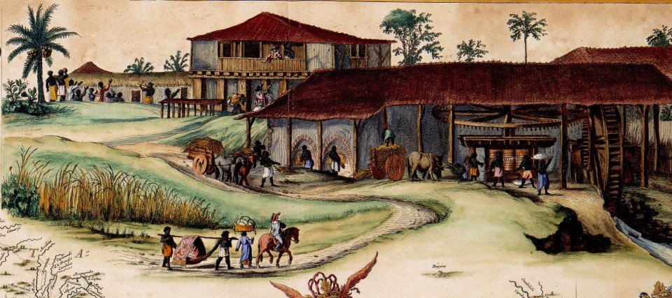 Pintura "Engenho de Itamaracá", um engenho colonial. Imagem: Pintura de Frans Post para mapa de Gaspar Barlaeus, 1647.