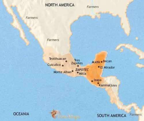 Mapa da América do Norte, destacando em laranja o antigo território maia.