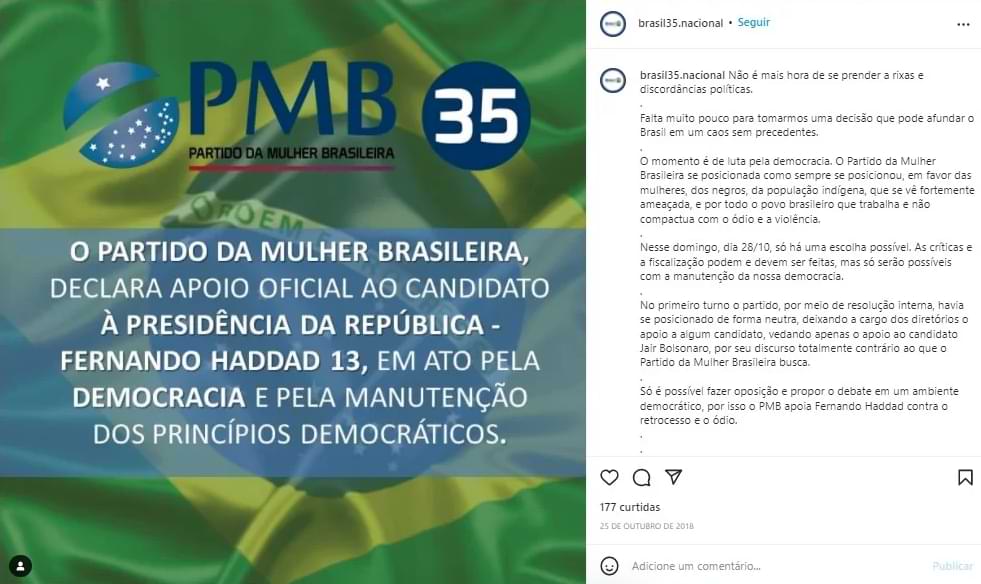 Descrição da imagem: Print do post das redes sociais do Brasil 35, em 2018, em apoio ao então candidato à presidência, Fernando Haddad. Imagem: Reprodução/Instagram.