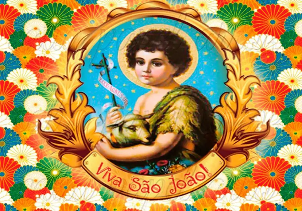 Imagem de Santo Catolico segurando um bezerro com flores coloridas ao fundo