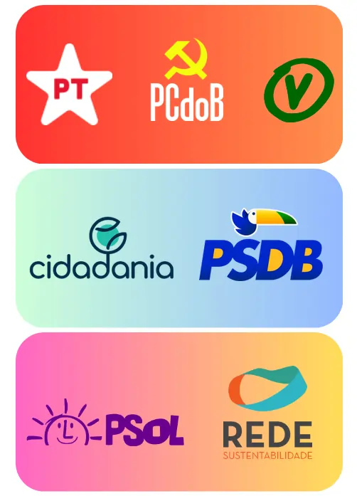 Imagem com as logomarcas dos partidos que compõem as três federações existentes no Brasil até a data de publicação do texto. São elas: PT, PCdoB e PV; PSDB e Cidadania; PSOL e Rede.