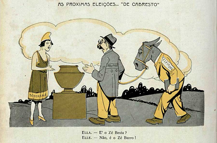 “As próximas eleições… de cabresto”, charge de Storni, revista Careta, 19 de fevereiro de 1927, p.14.