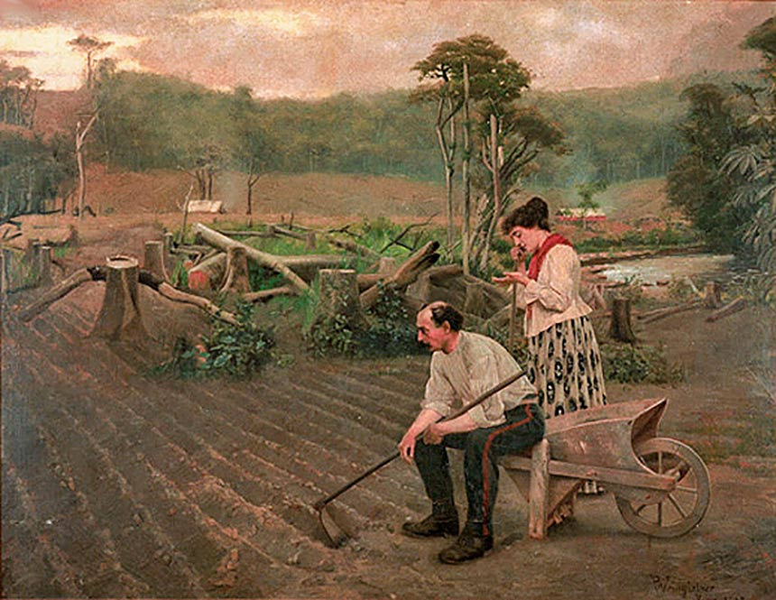 Pintura de Pedro Weingärtner mostra alemães no Sul do Brasil em 1889: latifundiários não queriam que imigrantes europeus tivessem livre acesso à terra. Imagem: reprodução/Agência Senado.