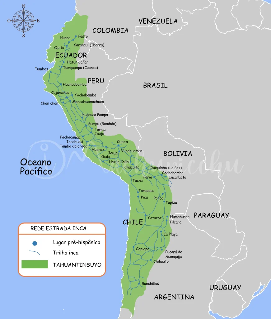 Mapa da América do Sul indicando de forma destacada o antigo território inca.