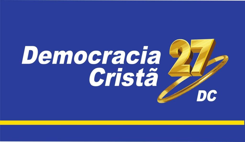 Logotipo do partido democracia cristã (dc) apresentando um '27' dourado estilizado com um anel, sobre fundo azul com o nome do partido.