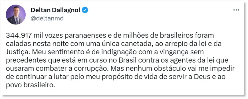 Captura de tela com publicação feita por Deltan Dallagnol