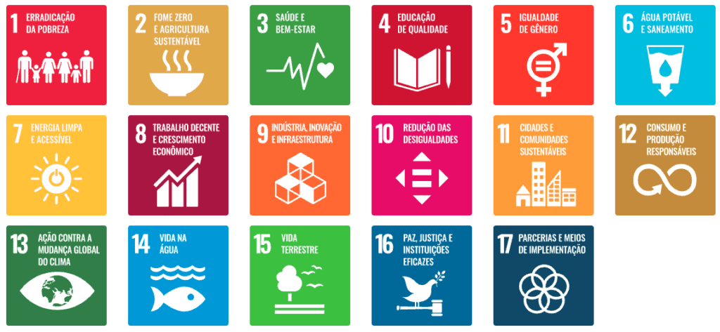 A imagem apresenta os 17 Objetivos de Desenvolvimento Sustentável da ONU.
