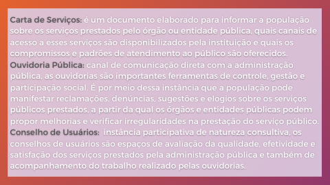 Tabela com explicações a respeito do que são cartas de serviços, ouvidorias públicas e conselhos de usuários