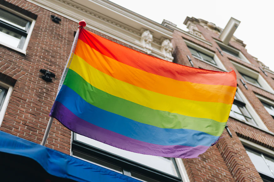 A imagem apresenta uma bandeira LBGTQIA+ hasteada na em frente a um prédio. 