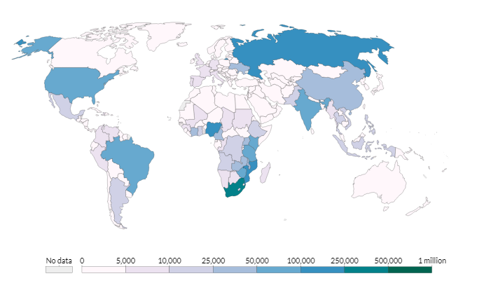 A pandemia de HIV no mundo: índice de novos casos em 2017 ao redor do planeta. O Brasil e os Estados Unidos são os países mais afetados no continente americano. Pandemias.