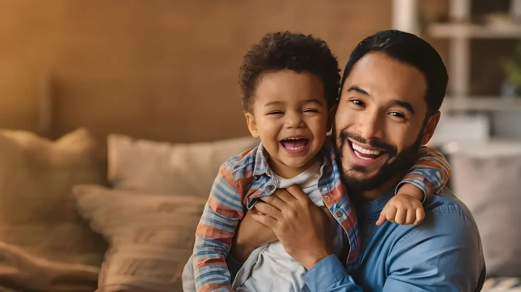 Pai e filho sorrindo alegremente em um ambiente aconchegante de casa. O pai, de barba e cabelo curto, está segurando o filho nos braços. O filho, de cabelos cacheados, veste uma camisa de flanela colorida e uma camiseta branca. Ambos parecem muito felizes e estão olhando diretamente para a câmera.