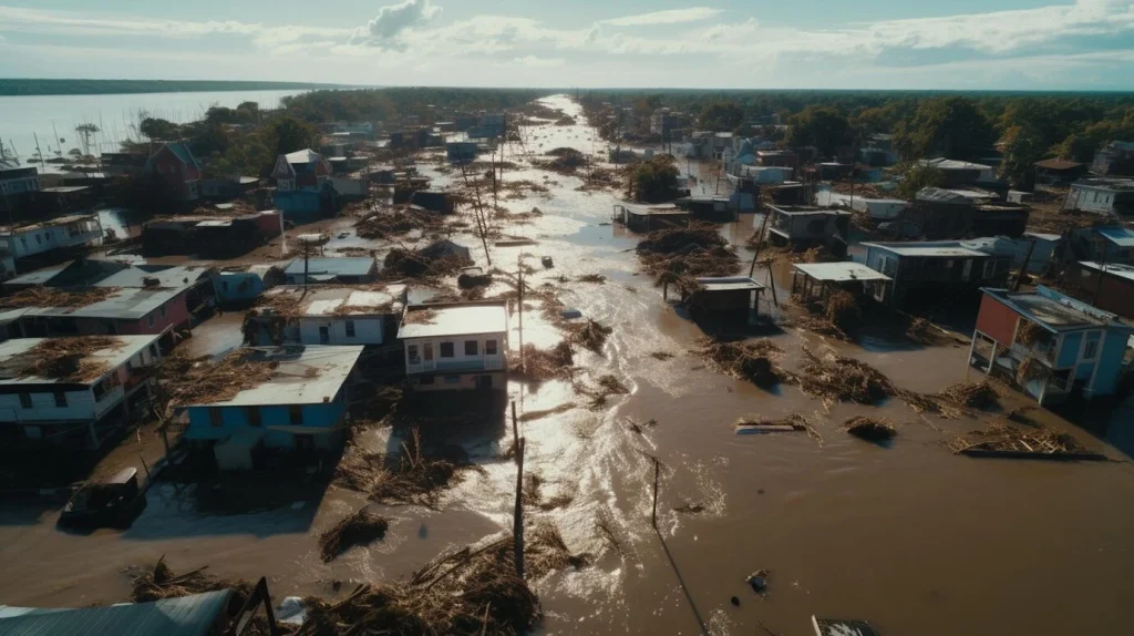 Imagem aérea de enchentes, com água escura invadindo casas, mostrando as consequências das mudanças climáticas.