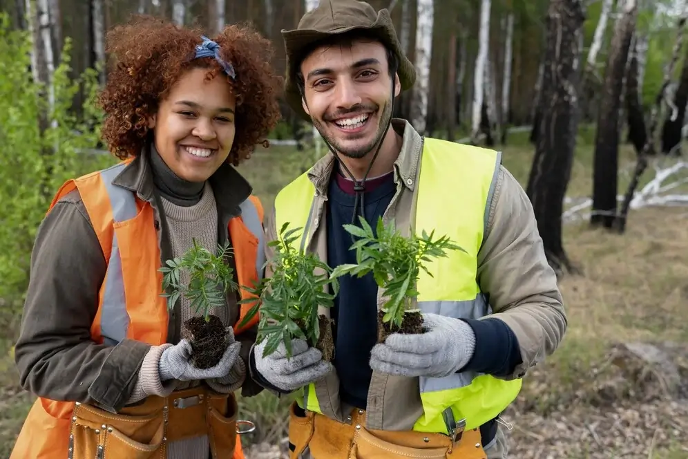 Foto de uma mulher e um homem sorrindo e segurando mudas de árvores, simbolizando a aplicação de créditos de carbono em projeto sustentável de reflorestamento.