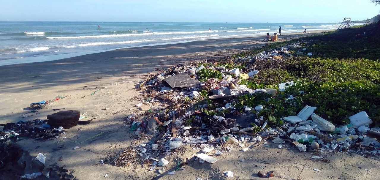 Imagem de uma praia poluída com muito lixo e plásticos. Esses resíduos podem causar muitos impactos negativos na vida marinha e na saúde humana.