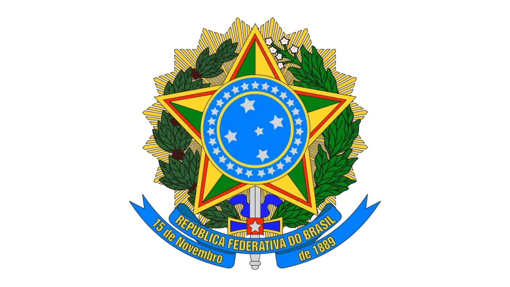 Brasão da República Federativa do Brasil, que é composto de uma espada que representa a Justiça; a esfera central, de cor azul, contém a constelação do Cruzeiro do Sul, um dos símbolos do Brasil. Na esfera figuram 20 estrelas de prata, representando os então 20 Estados do Brasil (atualmente 27, contando o Distrito Federal) e a unidade federativa do país. A esfera repousa sobre uma grande estrela onde figuram as cores nacionais, o verde e o amarelo.  Os dois ramos simbolizam as riquezas do Brasil àquela época: à esquerda, o café, e à direita, o fumo.