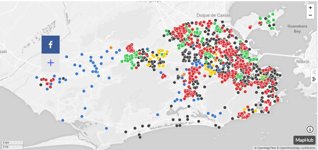 Mapa das áreas dominadas pro milícias e tráfico.