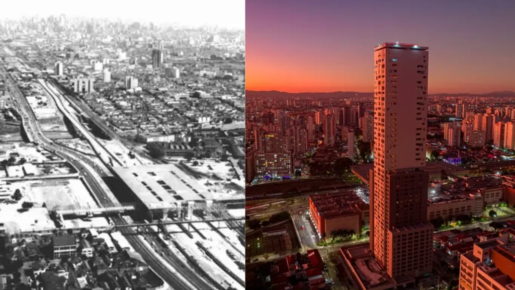 A imagem é composta por duas fotografias lado a lado, ambas mostrando a evolução urbana de uma cidade ao longo do tempo.  A imagem à esquerda é uma fotografia antiga em preto e branco. Ela mostra uma vasta área urbana com poucas construções altas, uma infraestrutura rodoviária em desenvolvimento, e um cenário dominado por edifícios baixos e espaços abertos. É uma representação de uma cidade em fase inicial de expansão.  A imagem à direita é uma fotografia moderna, colorida, capturada ao entardecer. Nela, podemos ver uma cidade densamente urbanizada, com muitos arranha-céus, incluindo um edifício alto em destaque no primeiro plano. A cidade está iluminada pelas luzes das ruas e dos prédios, evidenciando um desenvolvimento urbano significativo.  As duas imagens juntas ilustram a transformação da cidade ao longo dos anos, destacando o crescimento e a modernização da infraestrutura urbana.