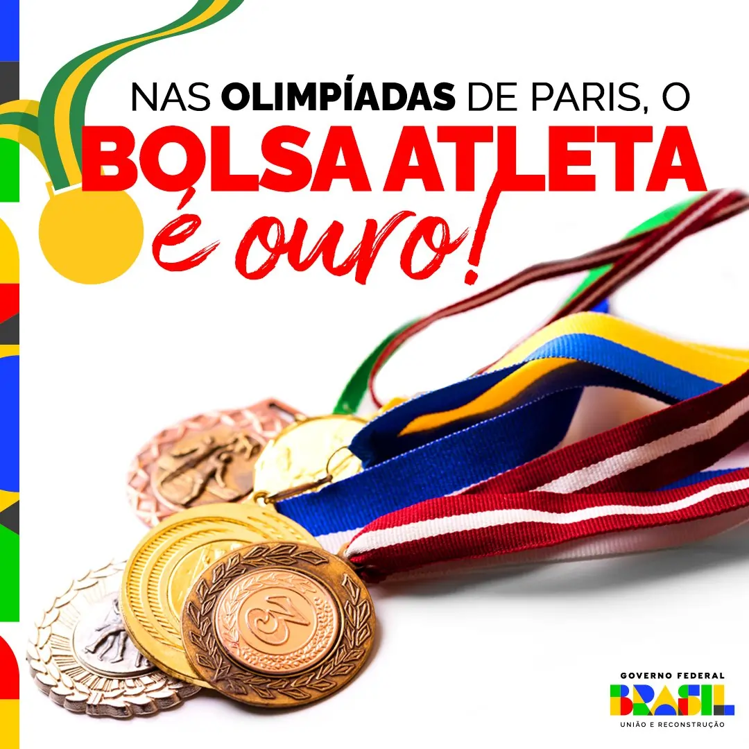 Imagem de medalhas olímpicas e na imagem está escrito "Nas olimpíadas de Paris bolsa atleta é ouro"