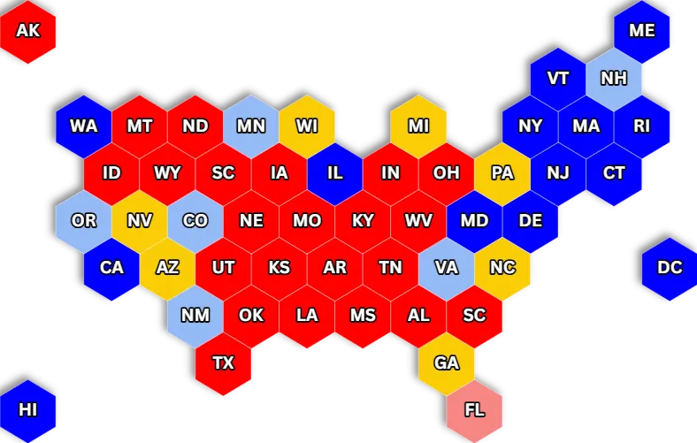 Mapa exemplificando como cada estado estadounidense vota tradicionalmente. Texto: Eleições dos EUA: sistema eleitoral, apuração de votos e Colégio Eleitoral