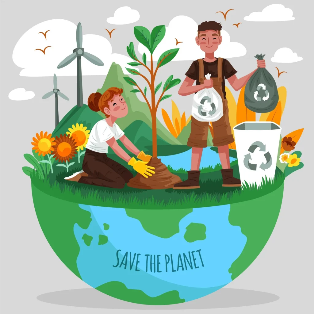 Ilustração de um homem e uma mulher reciclando lixo e plantando uma árvore. Texto: O que é educação ambiental?