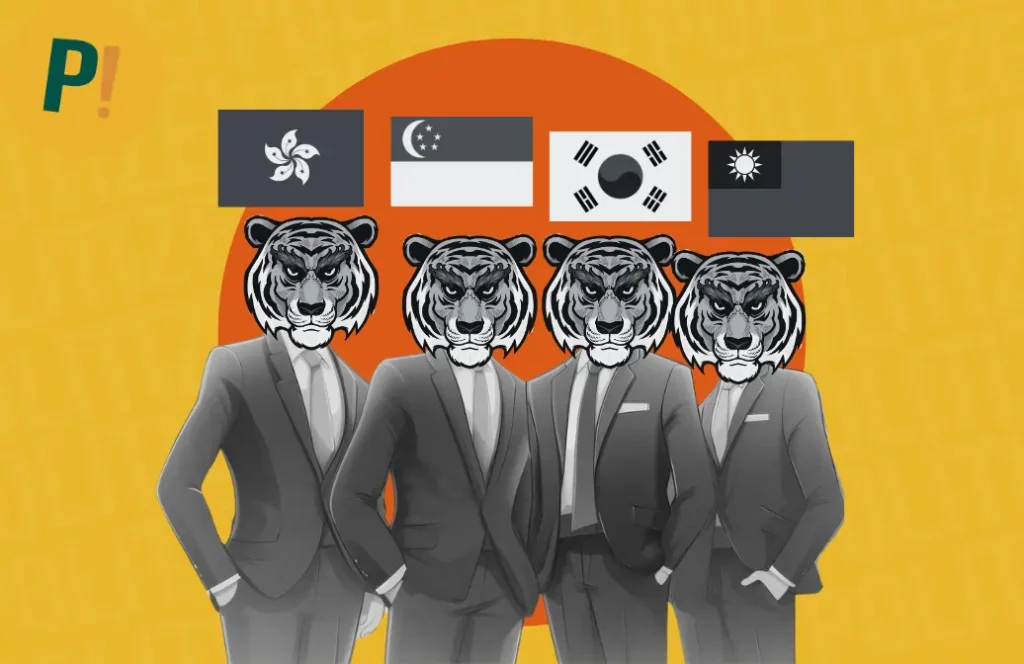 Ilustração de 4 homens de terno com cabeças de tigres, além das 4 bandeiras referentes aos 4 países que compõem os tigres asiáticos