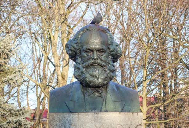 Busto de Karl Marx, com cabelo até a altura das orelhas e barba espessa.