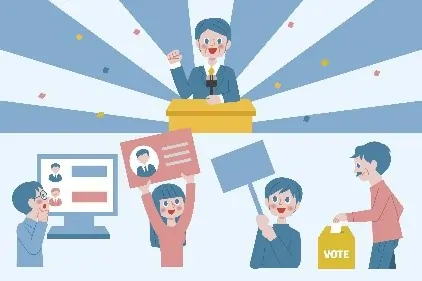 Ilustração de um candidato e etapas de campanha representada por outros bonecos, como índices de voto, campanha feita por eleitores, e um eleitor votando. Texto: Você sabe o que é campanha eleitoral antecipada?