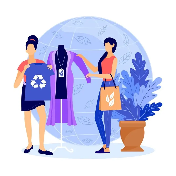 Ilustração de duas mulheres comprando roupas sustentáveis. Texto: Um consumo sustentável é possível?