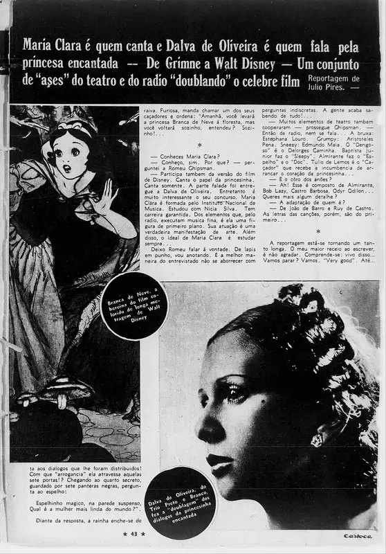 Imagem de matéria de jornal falando sobre a dubladora de Branca de Neve de 1938. Texto: O uso da Inteligência Artificial nas dublagens: perigo ou avanço?